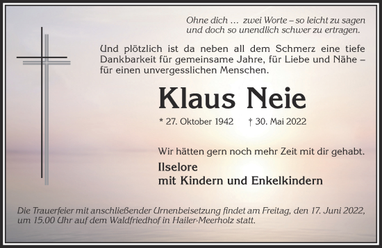 Traueranzeige von Klaus Neie von Gelnhäuser Neue Zeitung