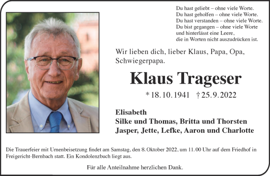 Traueranzeige von Klaus Trageser von Gelnhäuser Neue Zeitung