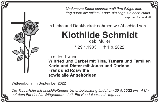 Traueranzeige von Klothilde Schmidt von Gelnhäuser Neue Zeitung