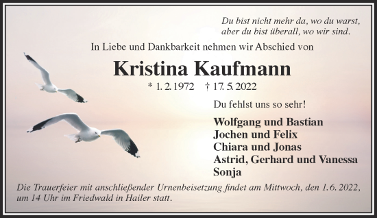 Traueranzeige von Kristina Kaufmann von Mittelhessen-Bote