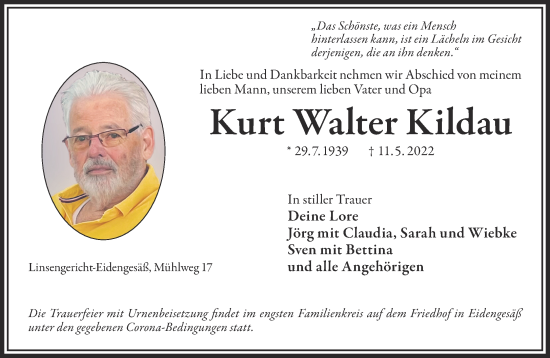 Traueranzeige von Kurt Walter Kildau von Gelnhäuser Neue Zeitung