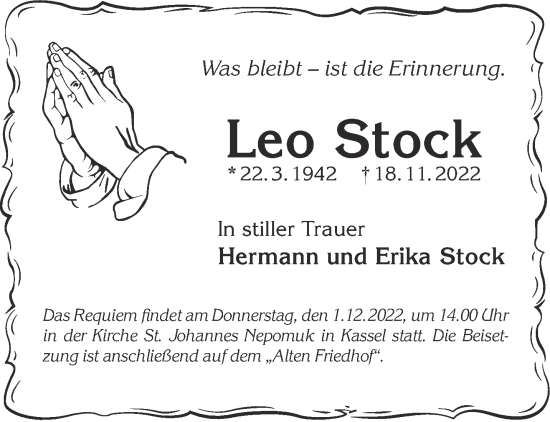 Traueranzeige von Leo Stock von Gelnhäuser Neue Zeitung