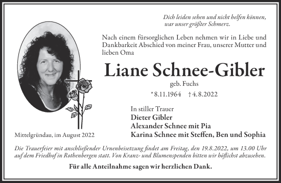 Traueranzeige von Liane Schnee-Gibler von Gelnhäuser Neue Zeitung