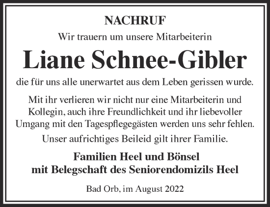 Traueranzeige von Liane Schnee-Gibler von Gelnhäuser Neue Zeitung