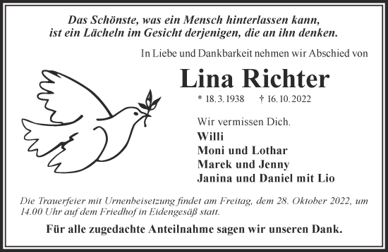 Traueranzeige von Lina Richter von Gelnhäuser Neue Zeitung