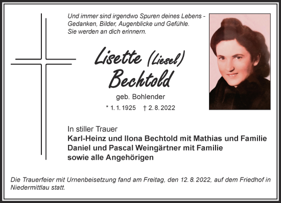 Traueranzeige von Lisette Bechtold von Mittelhessen-Bote