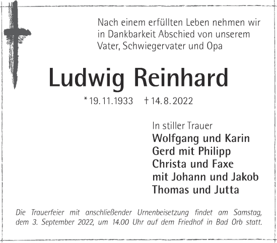 Traueranzeige von Ludwig Reinhard von Gelnhäuser Neue Zeitung