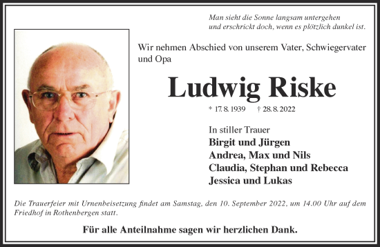 Traueranzeige von Ludwig Riske von Gelnhäuser Neue Zeitung