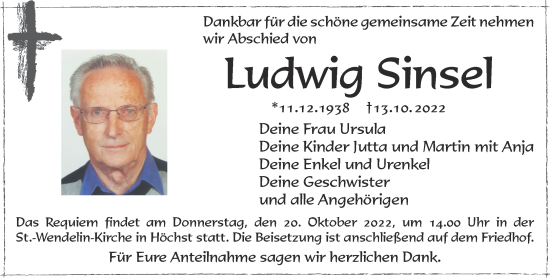 Traueranzeige von Ludwig Sinsel von Gelnhäuser Neue Zeitung