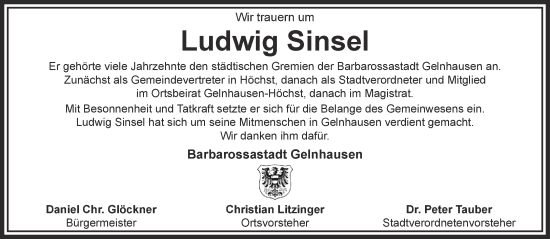 Traueranzeige von Ludwig Sinsel von Gelnhäuser Neue Zeitung