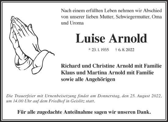 Traueranzeige von Luise Arnold von Gelnhäuser Neue Zeitung