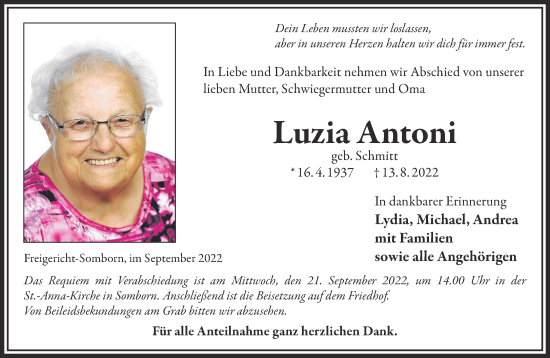 Traueranzeige von Luzia Antoni von Mittelhessen-Bote