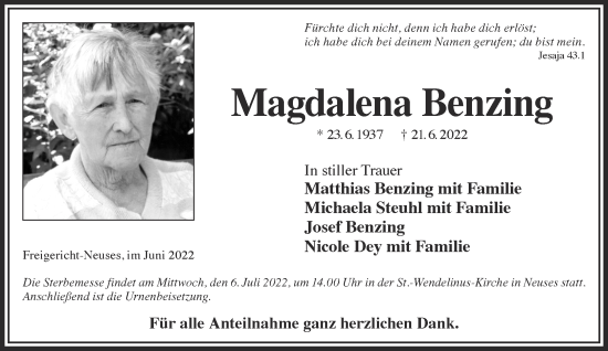 Traueranzeige von Magdalena Benzing von Gelnhäuser Neue Zeitung