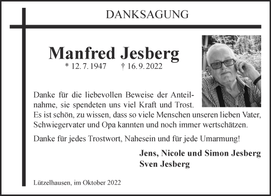 Traueranzeige von Manfred Jesberg von Gelnhäuser Neue Zeitung