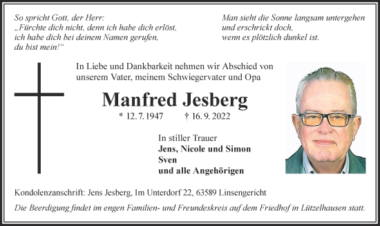 Traueranzeige von Manfred Jesberg von Gelnhäuser Neue Zeitung