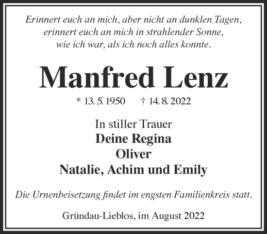 Traueranzeige von Manfred Lenz von Gelnhäuser Neue Zeitung