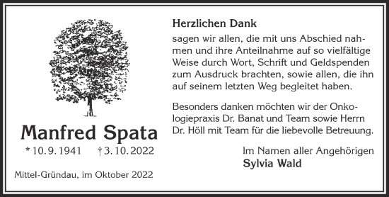 Traueranzeige von Manfred Spata von Gelnhäuser Neue Zeitung