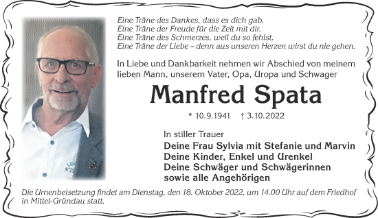 Traueranzeige von Manfred Spata von Gelnhäuser Neue Zeitung