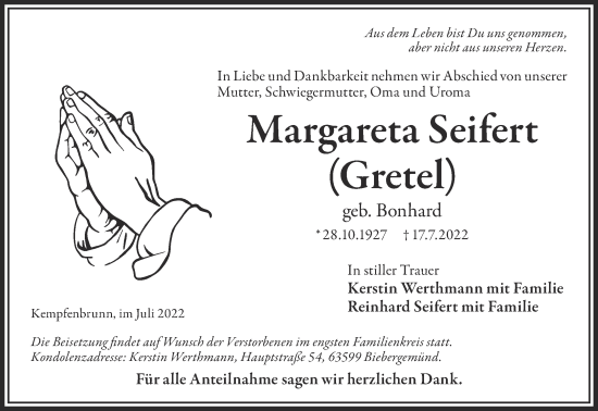 Traueranzeige von Margareta Seifert von Gelnhäuser Neue Zeitung