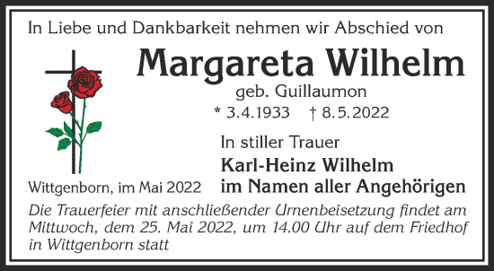 Traueranzeige von Margareta Wilhelm von Gelnhäuser Neue Zeitung