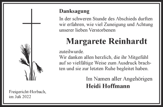 Traueranzeige von Margarete Reinhardt von Gelnhäuser Neue Zeitung