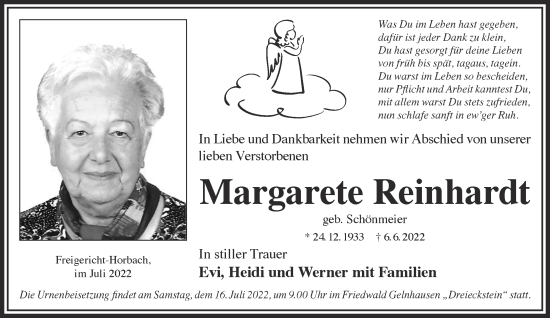 Traueranzeige von Margarete Reinhardt von Gelnhäuser Neue Zeitung