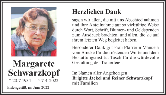 Traueranzeige von Margarete Schwarzkopf von Gelnhäuser Neue Zeitung