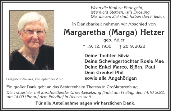 Traueranzeige von Margaretha Hetzer von Gelnhäuser Neue Zeitung