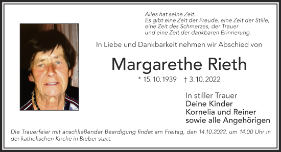 Traueranzeige von Margarethe Rieth von Gelnhäuser Neue Zeitung