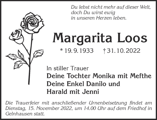 Traueranzeige von Margarita Loos von Gelnhäuser Neue Zeitung