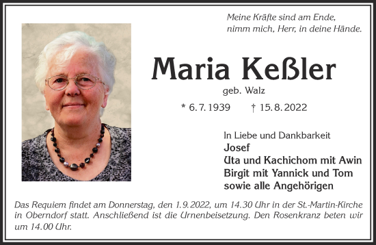 Traueranzeige von Maria Keßler von Gelnhäuser Neue Zeitung