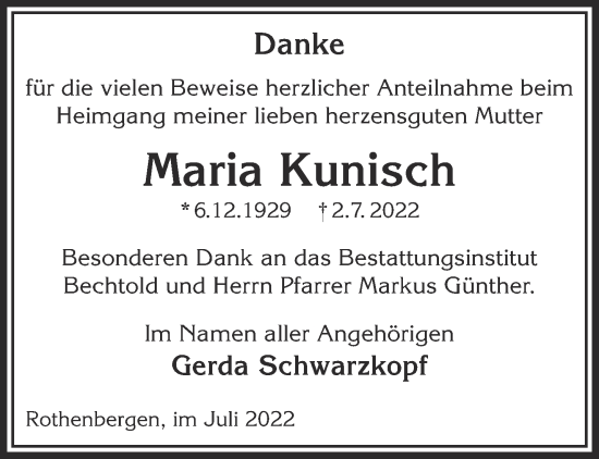 Traueranzeige von Maria Kunisch von Gelnhäuser Neue Zeitung