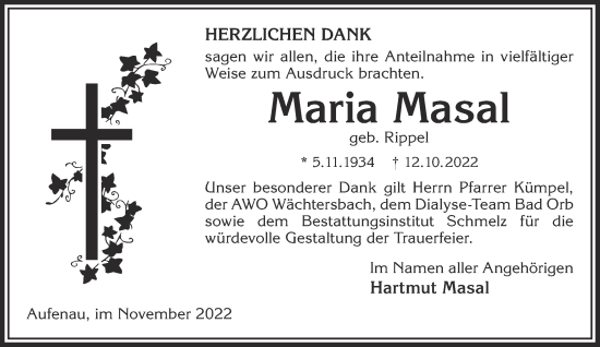 Traueranzeige von Maria Masal von Gelnhäuser Neue Zeitung