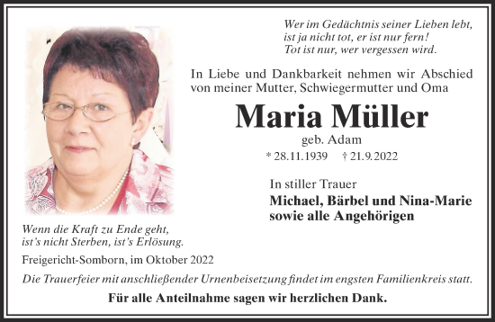 Traueranzeige von Maria Müller von Gelnhäuser Neue Zeitung