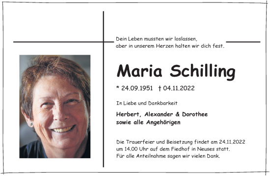 Traueranzeige von Maria Schilling von Mittelhessen-Bote