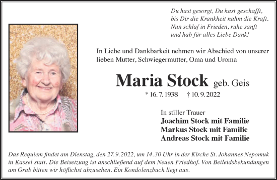 Traueranzeige von Maria Stock von Gelnhäuser Neue Zeitung