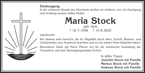 Traueranzeige von Maria Stock von Gelnhäuser Neue Zeitung