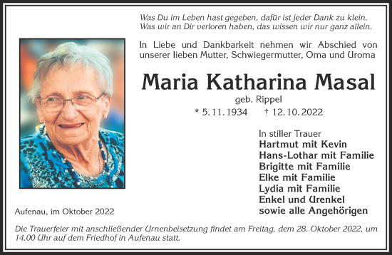 Traueranzeige von Maria Katharina Masal von Mittelhessen-Bote