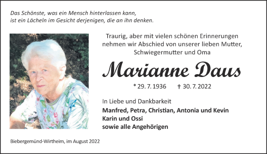 Traueranzeige von Marianne Daus von Mittelhessen-Bote