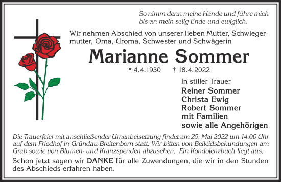 Traueranzeige von Marianne Sommer von Gelnhäuser Neue Zeitung