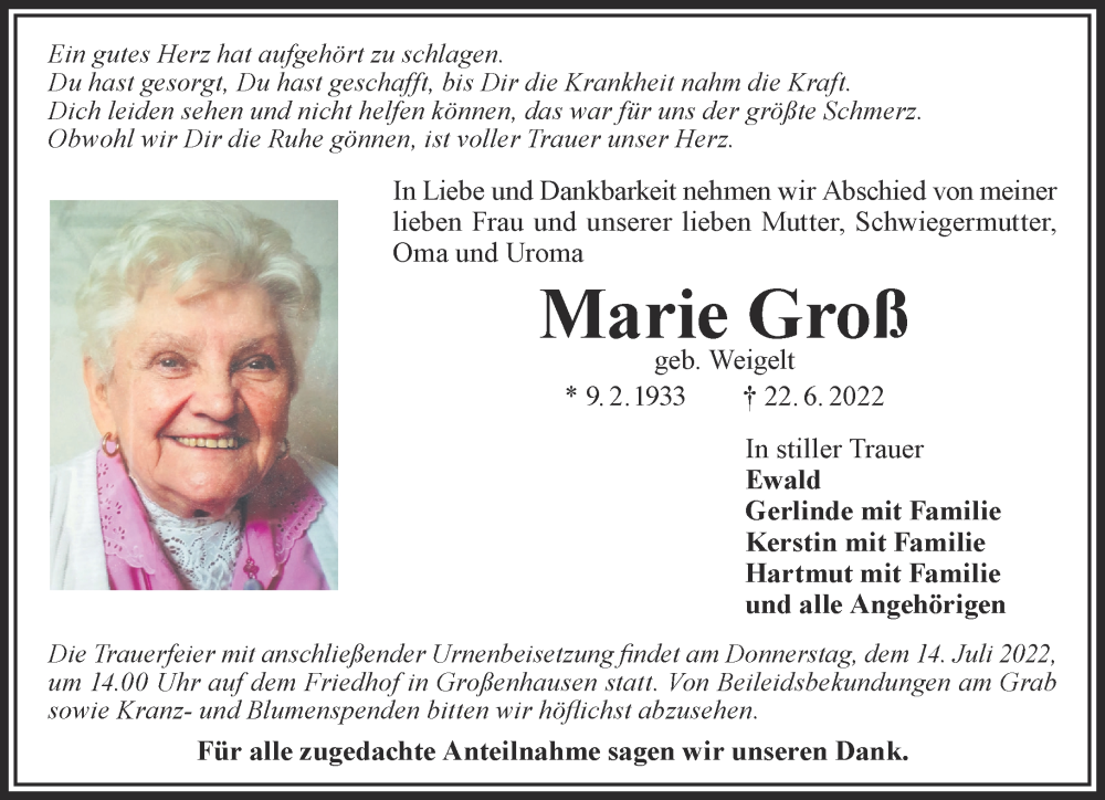  Traueranzeige für Marie Groß vom 09.07.2022 aus Gelnhäuser Neue Zeitung