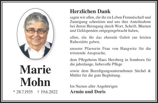 Traueranzeige von Marie Mohn von Gelnhäuser Neue Zeitung