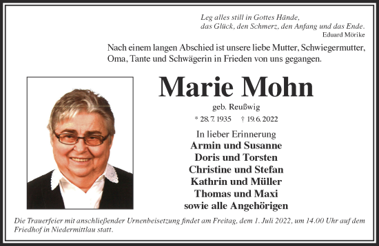 Traueranzeige von Marie Mohn von Gelnhäuser Neue Zeitung