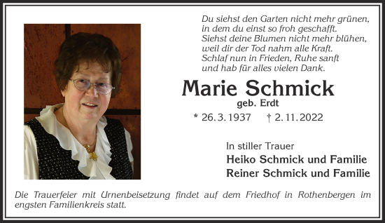 Traueranzeige von Marie Schmick von Gelnhäuser Neue Zeitung