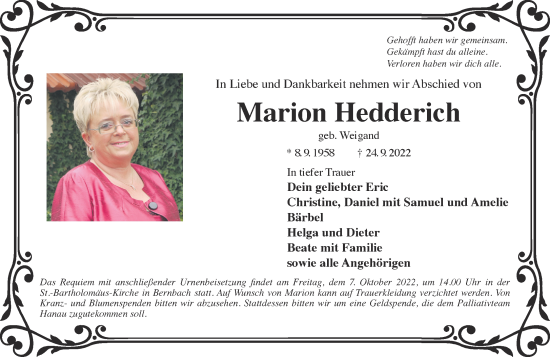 Traueranzeige von Marion Hedderich von Gelnhäuser Neue Zeitung