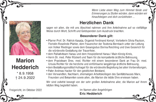 Traueranzeige von Marion Hedderich von Gelnhäuser Neue Zeitung