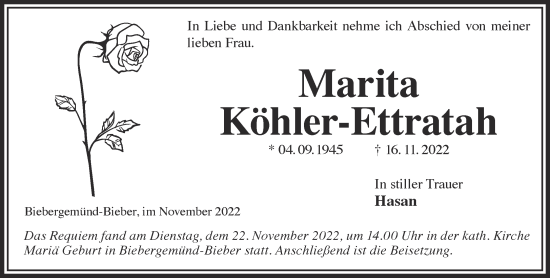 Traueranzeige von Marita Köhler-Ettratah von Mittelhessen-Bote