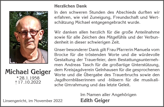 Traueranzeige von Michael Geiger von Gelnhäuser Neue Zeitung