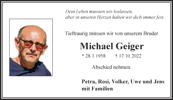 Traueranzeige von Michael Geiger von Gelnhäuser Neue Zeitung