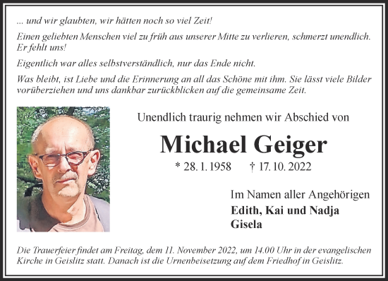 Traueranzeige von Michael Geiger von Gelnhäuser Neue Zeitung